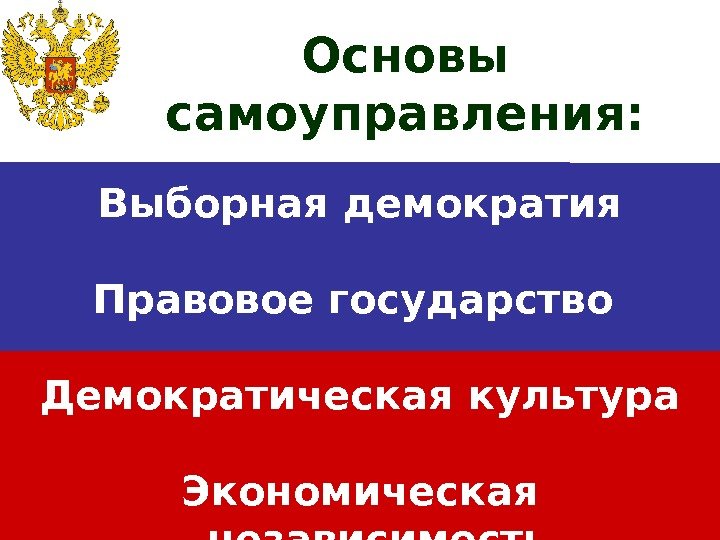   Выборная демократия  Правовое государство Демократическая культура Экономическая независимость Основы самоуправления: 