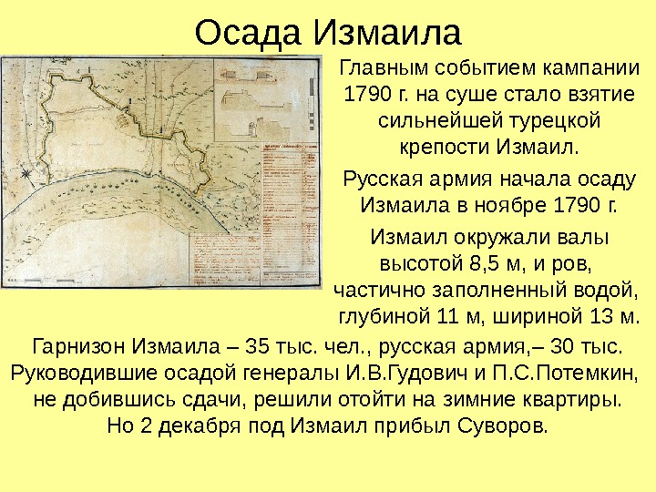 Осада Измаила Главным событием кампании 1790 г. на суше стало взятие сильнейшей турецкой крепости