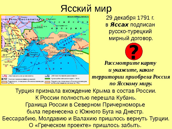 Ясский мир 29 декабря 1791 г.  в Яссах подписан русско-турецкий мирный договор. Рассмотрите