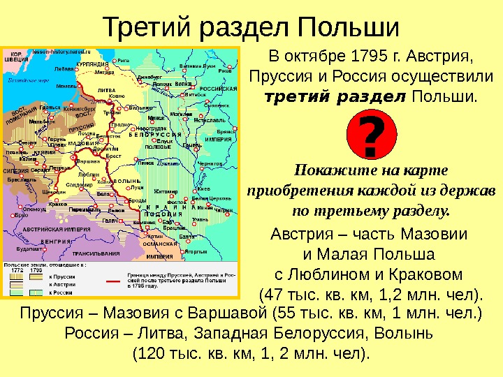 Третий раздел Польши В октябре 1795 г. Австрия,  Пруссия и Россия осуществили третий