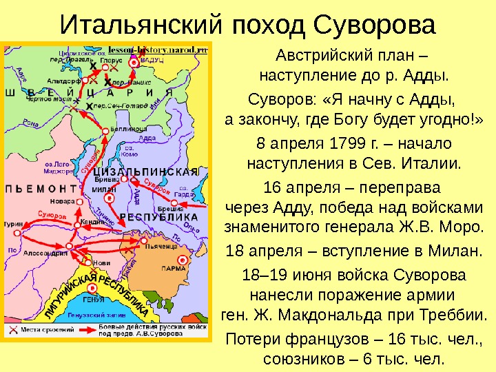 Итальянский поход Суворова Австрийский план – наступление до р. Адды. Суворов:  «Я начну