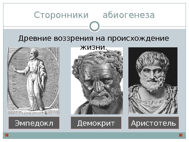 Сторонники абиогенеза Эмпедокл Демокрит Аристотель. Древние воззрения на происхождение жизни.  