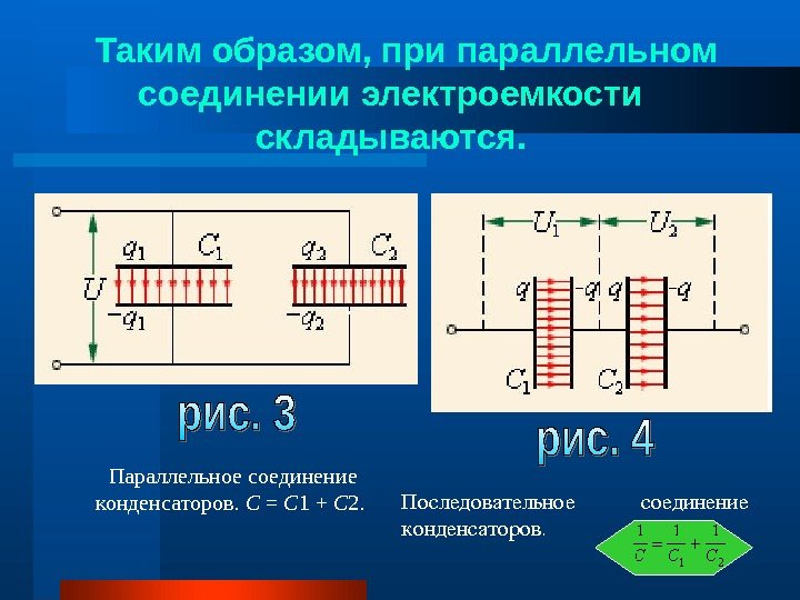   Таким образом, при параллельном соединении электроемкости складываются. Параллельное соединение конденсаторов.  C