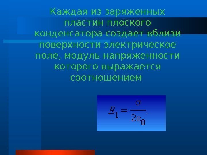   Каждая из заряженных пластин плоского конденсатора создает вблизи поверхности электрическое поле, модуль