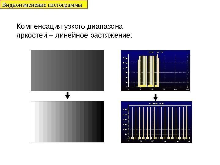 Компенсация узкого диапазона яркостей – линейное растяжение: Видноизменение гистограммы 