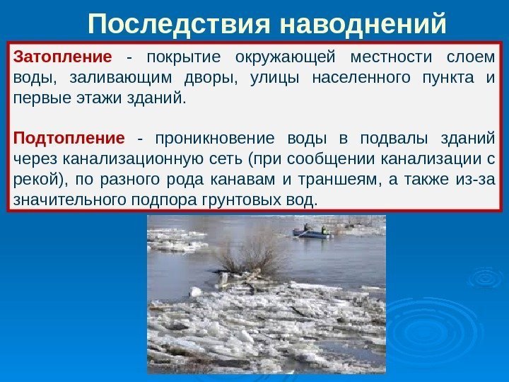 Затопление  - покрытие окружающей местности слоем воды,  заливающим дворы,  улицы населенного