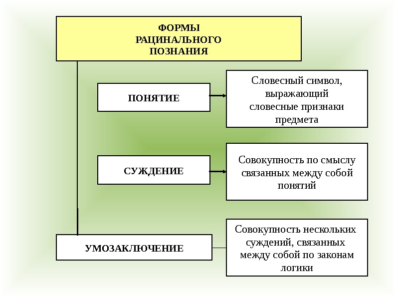 ФОРМЫ РАЦИНАЛЬНОГО ПОЗНАНИЯ ПОНЯТИЕ СУЖДЕНИЕ УМОЗАКЛЮЧЕНИЕ Словесный символ, выражающий словесные признаки предмета Совокупность по