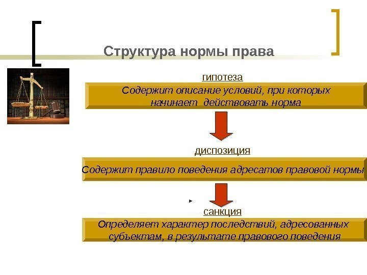 Структура нормы права гипотеза диспозиция санкция    Содержит описание условий, при которых