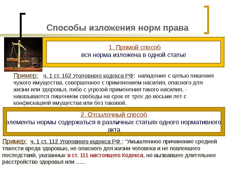 Способы изложения норм права Пример: ч. 1 ст. 112 Уголовного кодекса РФ : Умышленное
