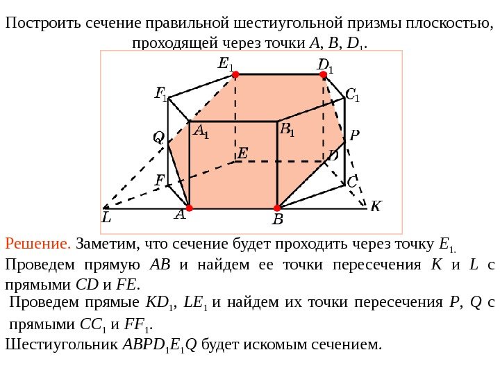Построить сечение правильной шестиугольной призмы плоскостью,  проходящей через точки A ,  B