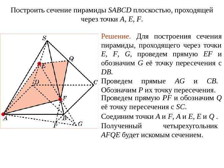 Построить сечение пирамиды SABCD плоскостью, проходящей через точки A ,  E , 