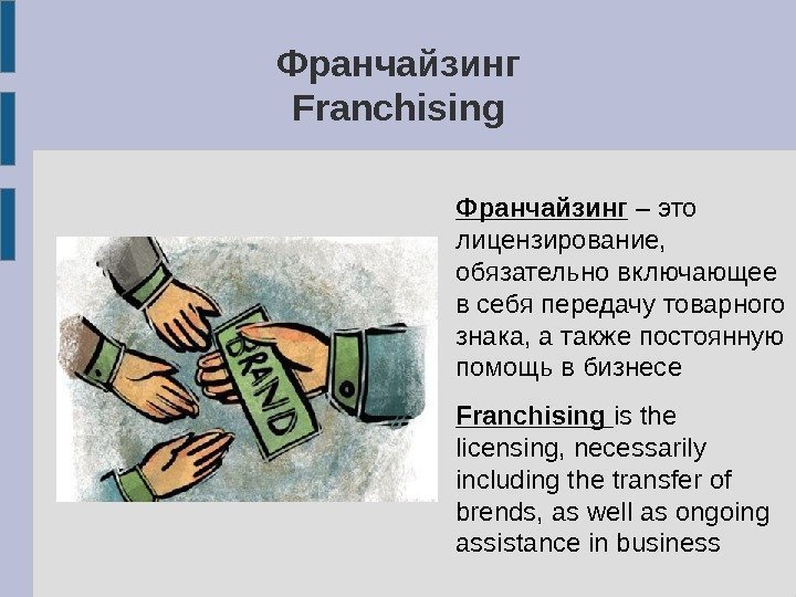 Франчайзинг Franchising Франчайзинг – это лицензирование,  обязательно включающее в себя передачу товарного знака,