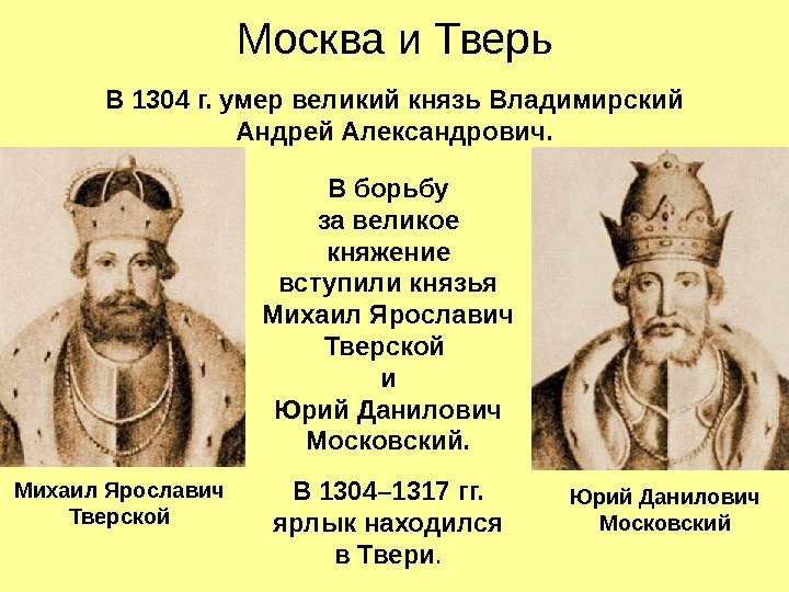 Москва и Тверь В 1304 г. умер великий князь Владимирский Андрей Александрович. В борьбу