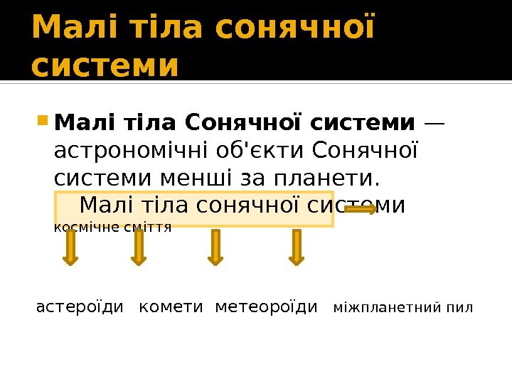 Малі тіла сонячної системи Малі тіла Сонячної системи — астрономічні об'єкти Сонячної системи менші