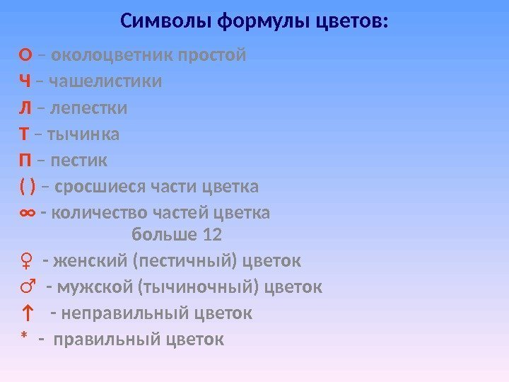 Символы формулы цветов: О – околоцветник простой Ч – чашелистики Л – лепестки 