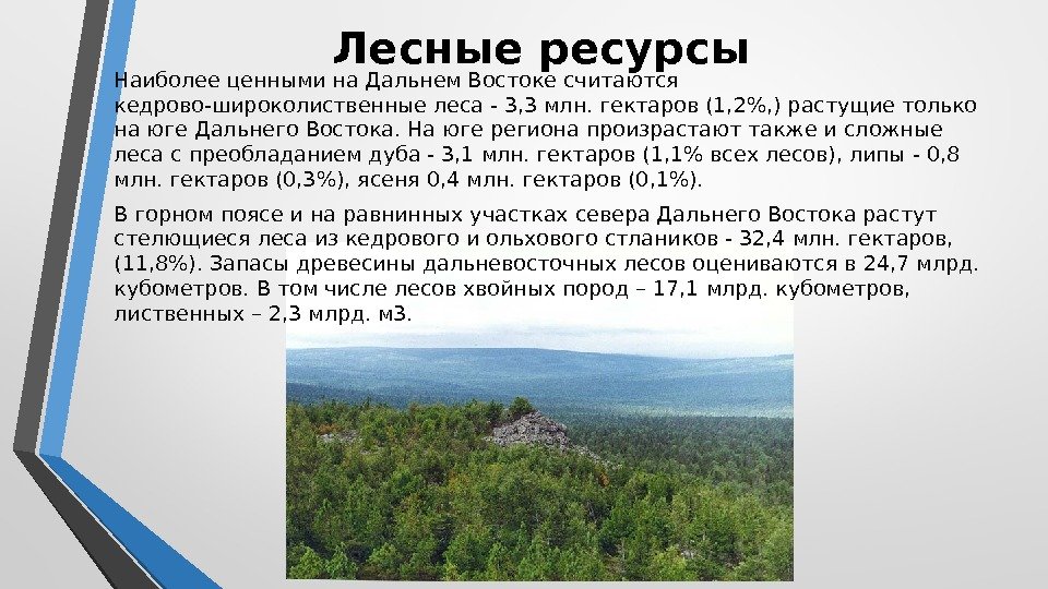 Лесные ресурсы Наиболее ценными на Дальнем Востоке считаются кедрово-широколиственные леса - 3, 3 млн.