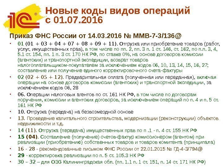 Новые коды видов операций с 01. 07. 2016 Приказ ФНС России от 14. 03.