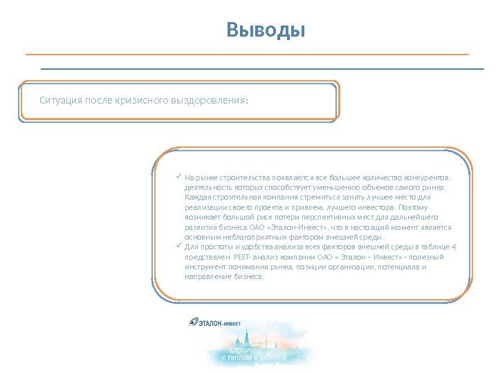  Выводы Ситуация после кризисного выздоровления:  На рынке строительства появляются все большее количество