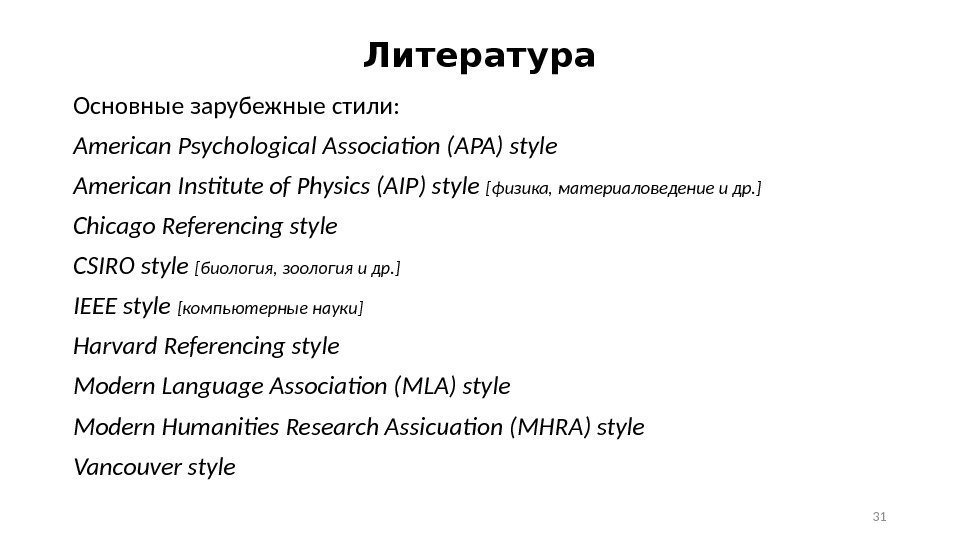 Литература Основные зарубежные стили: American Psychological Association (APA) style American Institute of Physics (AIP)
