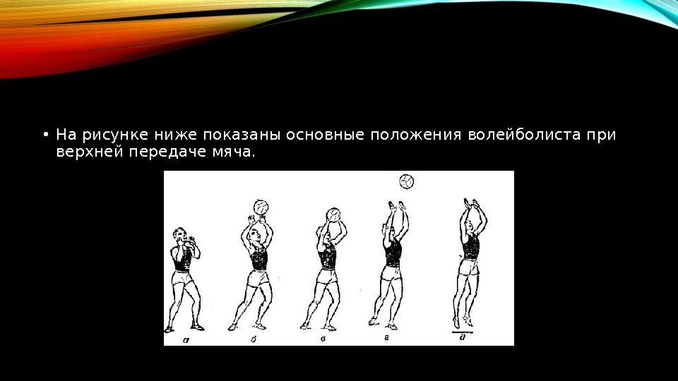  • На рисунке ниже показаны основные положения волейболиста при верхней передаче мяча. 