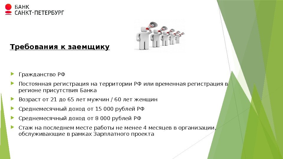 Требования к заемщику Гражданство РФ Постоянная регистрация на территории. РФ или временная регистрация в