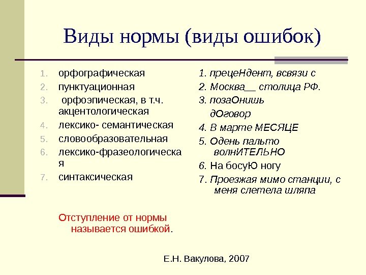  Е. Н. Вакулова, 2007 Виды нормы (виды ошибок) 1. орфографическая 2. пунктуационная 3.