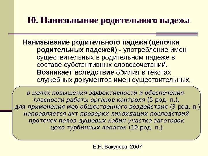  Е. Н. Вакулова, 200710. Нанизывание родительного падежа (цепочки родительных падежей) - употребление имен