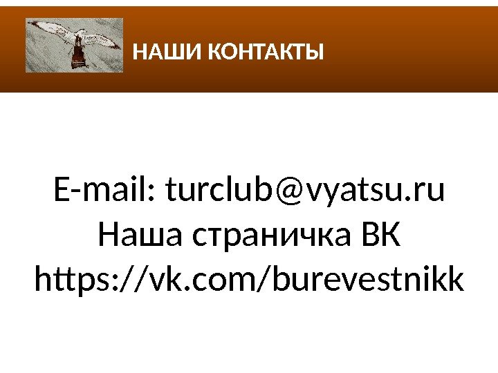 НАШИ КОНТАКТЫ E-mail: turclub@vyatsu. ru Наша страничка ВК https: //vk. com/burevestnikk 