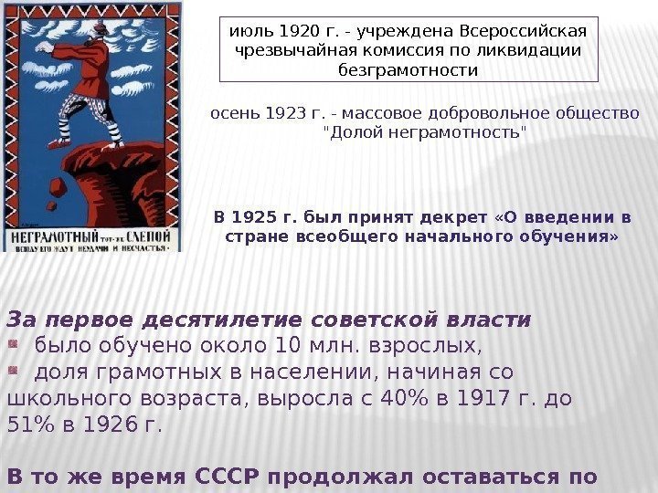 июль 1920 г. - учреждена Всероссийская чрезвычайная комиссия по ликвидации безграмотности осень 1923 г.
