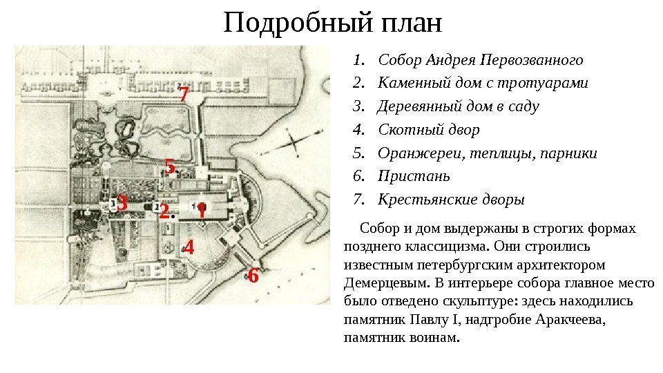 Подробный план  1. Собор Андрея Первозванного 2. Каменный дом с тротуарами 3. Деревянный