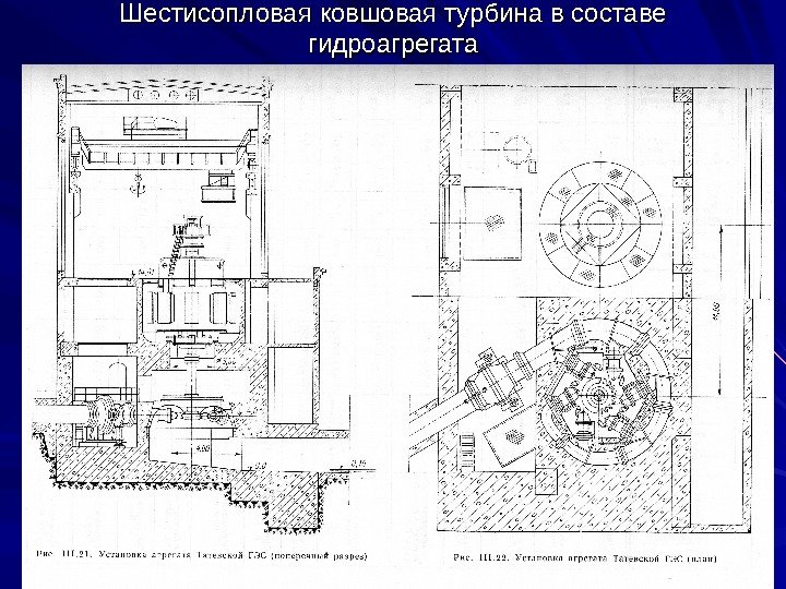 Шестисопловая ковшовая турбина в составе гидроагрегата 