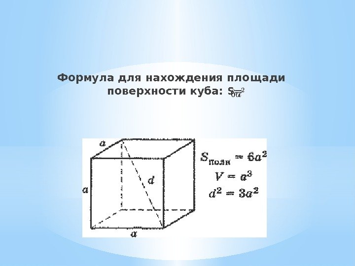 Формула для нахождения площади поверхности куба:  S= 