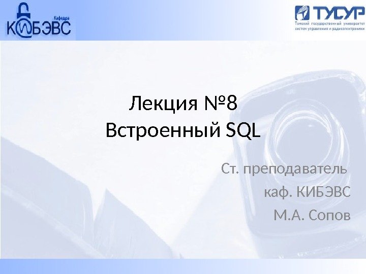 Лекция № 8 Встроенный SQL Ст. преподаватель каф. КИБЭВС М. А. Сопов 