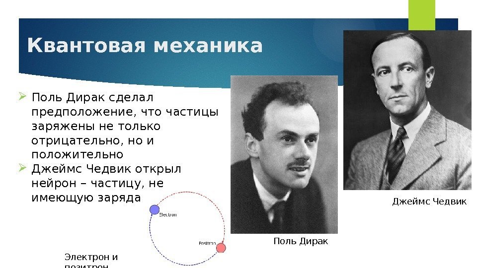 Квантовая механика Поль Дирак сделал предположение, что частицы заряжены не только отрицательно, но и