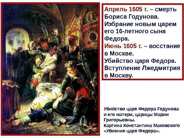 А прель 1605 г.  – смерть Бориса Годунова.  И збрание новым царем