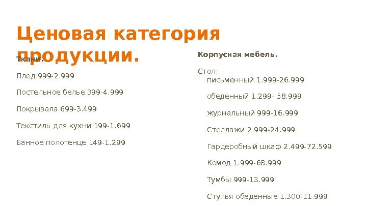 Ценовая категория продукции. Ткани. Плед 999 -2. 999 Постельное белье 399 -4. 999 Покрывала