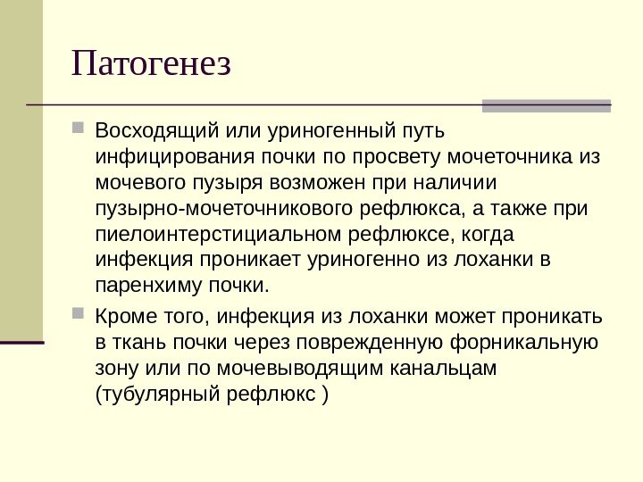 Патогенез Восходящий или уриногенный путь инфицирования почки по просвету мочеточника из мочевого пузыря возможен