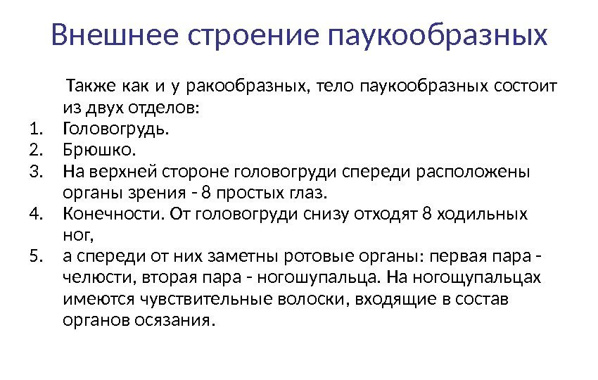 Внешнее строение паукообразных   Также как и у ракообразных,  тело паукообразных состоит