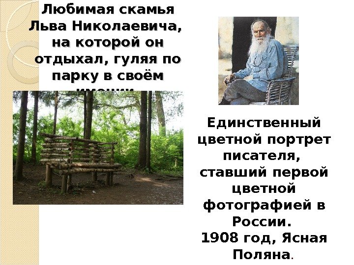Любимая скамья Льва Николаевича,  на которой он отдыхал, гуляя по парку в своём