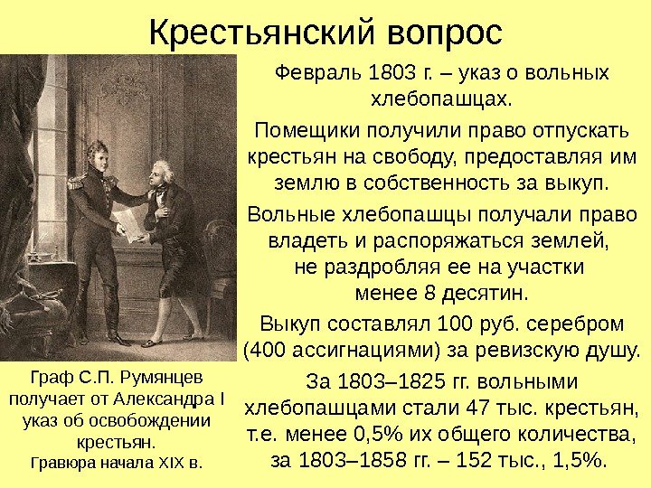   Крестьянский вопрос Февраль 1803 г. – указ о вольных хлебопашцах. Помещики получили