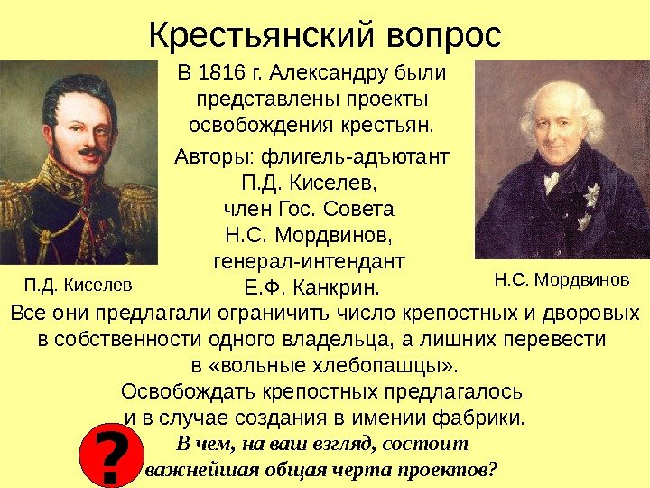   Крестьянский вопрос В 1816 г. Александру были представлены проекты освобождения крестьян. Авторы: