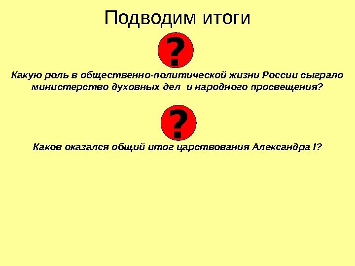   Подводим итоги Какую роль в общественно-политической жизни России сыграло министерство духовных дел