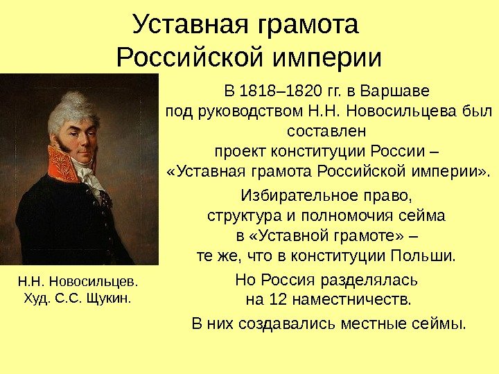   Уставная грамота Российской империи В 1818– 1820 гг. в Варшаве под руководством