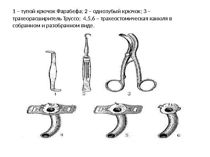 1 – тупой крючок Фарабефа; 2 – однозубый крючок; 3 – трахеорасширитель Труссо; 