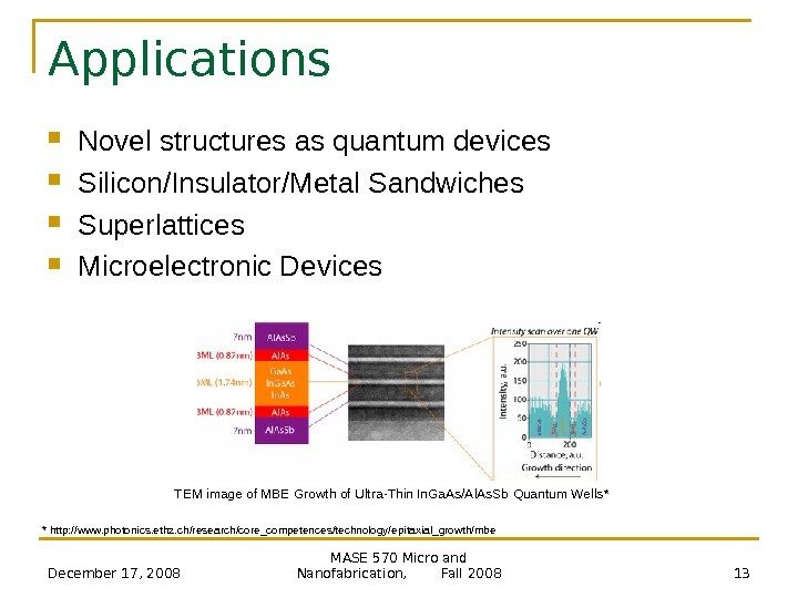 December 17, 2008 MASE 570 Micro and Nanofabrication,   Fall 2008 13 Applications