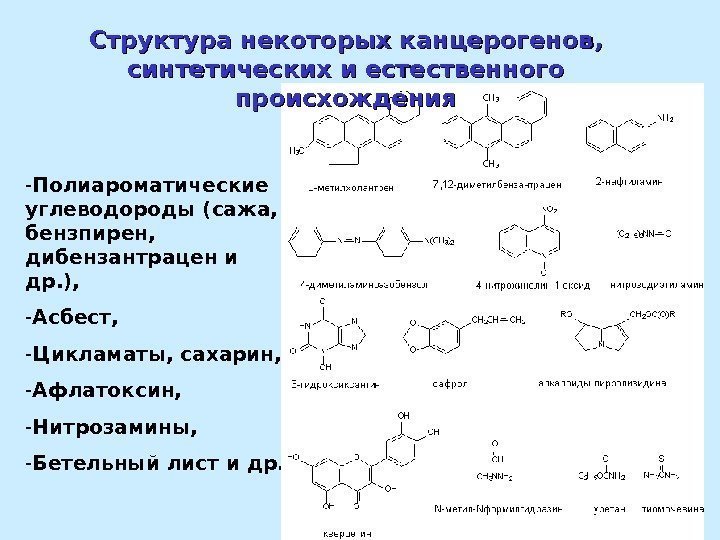 - Полиароматические углеводороды (сажа,  бензпирен,  дибензантрацен и др. ), - Асбест, -
