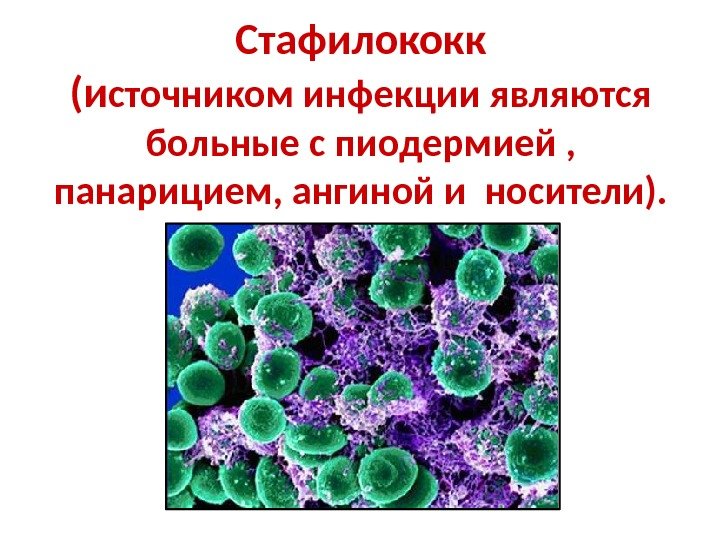 Стафилококк (и сточником инфекции являются больные с пиодермией ,  панарицием, ангиной и носители).