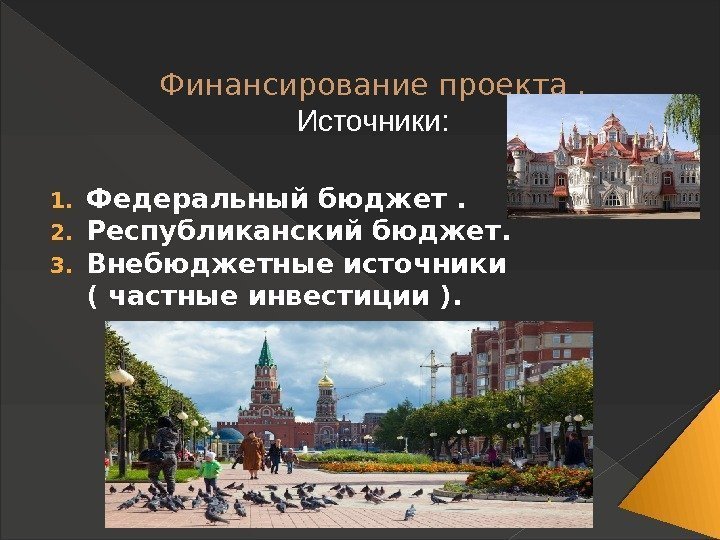 Финансирование проекта. Источники: 1. Федеральный бюджет. 2. Республиканский бюджет. 3. Внебюджетные источники ( частные