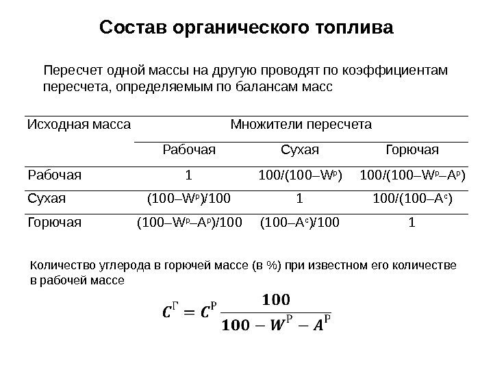 Состав органического топлива Пересчет одной массы на другую проводят по коэффициентам пересчета, определяемым по