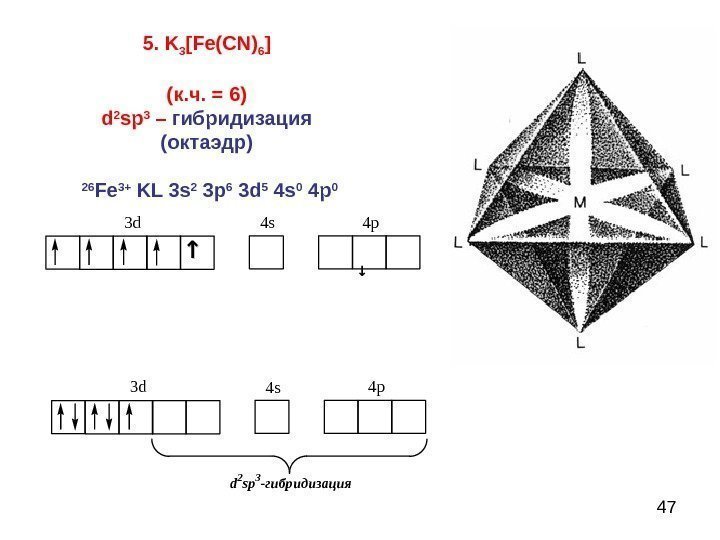 475.  K 3 [ Fe(CN) 6 ] (к. ч. = 6) d 2